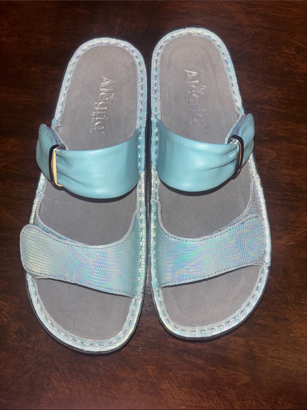 Alegria Women's Teal Blue Iridescent Slide Karmen Sandals